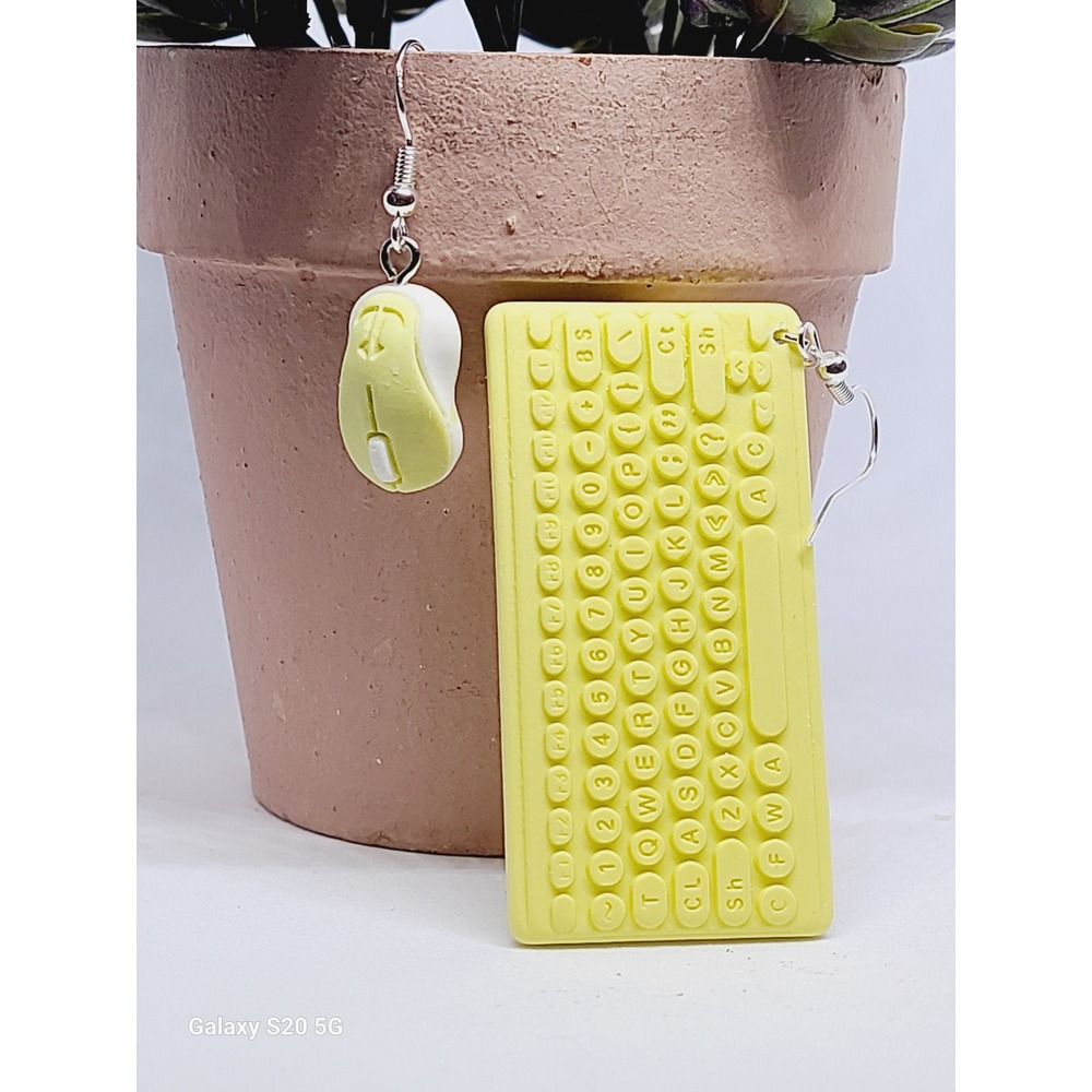 Yellow Computer Keyboard and Mouse Mismatched Dangle Earrings Tech Novelty Geeky